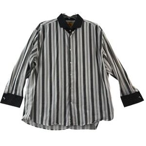 R Lewis Mens Shirt Black & White Polka Dots & Stripes French Cuffs 18 1/2  34/35
